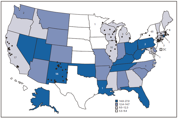 The figure shows the number (N = 188) and location of local overdose prevention programs providing naloxone in 2010 and age-adjusted rates of drug overdose deaths, by state, in the United States during 2008. In all, the 48 responding programs provided data for 188 local opioid overdose prevention programs that distributed naloxone. Nineteen (76.0%) of the 25 states with 2008 drug overdose death rates higher than the median and nine (69.2%) of the 13 states in the highest quartile did not have a community-based opioid overdose prevention program that distributed naloxone.