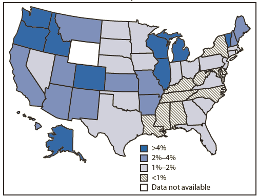 The figure shows the estimated percentage of children enrolled in kindergarten who were exempt from receiving one or more vaccines in the United States, during the 2011-12 school year. Overall, among the grantees in the 49 states and DC that reported exemptions for the 2011-12 school year, 10 reported <1%, and nine reported >4% total exemption rates.