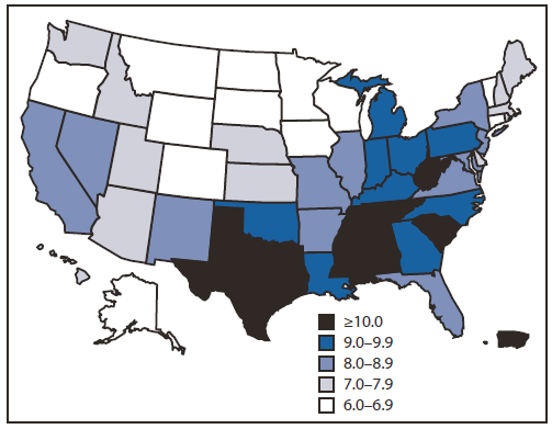 The figure shows age-adjusted prevalence of diagnosed diabetes among adults aged ≥18 years in the United States during 2010. In 1995, age-adjusted prevalence was ≥6% in only three states, DC, and Puerto Rico, but, by 2010, it was ≥6% in all areas.