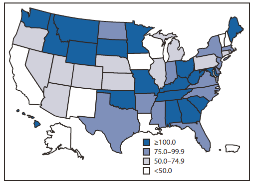 The figure shows the percent change in age-adjusted prevalence of diagnosed diabetes among adults aged ≥18 years in the United States, during1995-2010. During 1995-2010, the relative increase in age-adjusted prevalence of diabetes ranged from 8.5% in Puerto Rico to >225% in Oklahoma, with an overall median increase of 82.2%. The age-adjusted prevalence increased by ≥50% in 42 states and by ≥100% in 18 states. States in the South had the largest relative increase in prevalence, with the age-adjusted median increasing >100%.