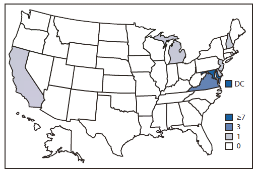 The figure shows the number and location of Salmonella enterica serotype Bovismorbificans case detections in the United States, during August- December 2011. The majority of cases were identified in the mid-Atlantic region of the United States: District of Columbia (eight), Maryland (seven), and Virginia (three). One case per state was identified in California, Delaware, Michigan, New Hampshire, and New Jersey.