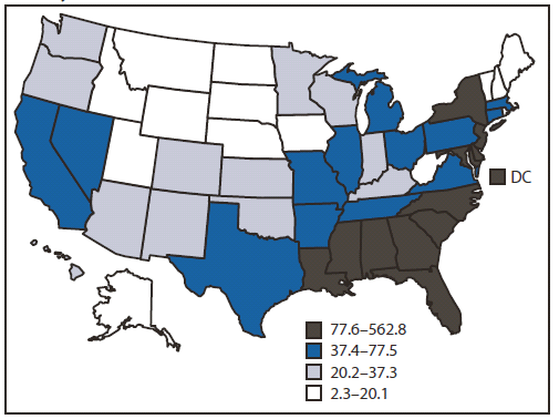 The figure shows prevalence rates of persons aged 13-24 years living with a diagnosis of HIV infection in the United States as of the end of 2009.  The prevalence of persons aged 13-24 years living with an HIV diagnosis was 69.5 per 100,000 population, ranging by state from 2.3 to 562.8 per 100,000.