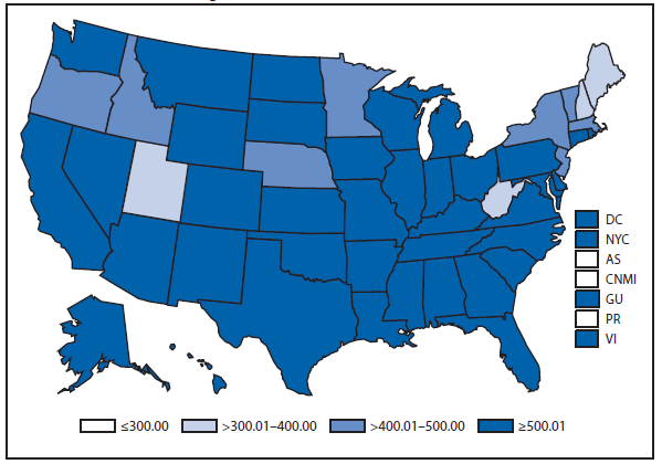 This figure is a map of the United States and U.S. territories that presents the incidence per 100,000 population of chlamydia among women in 2012.