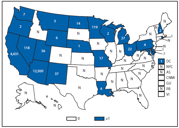 This figure is a map of the United States and U.S. territories that presents the number of reported cases in each state and territory in 2012.