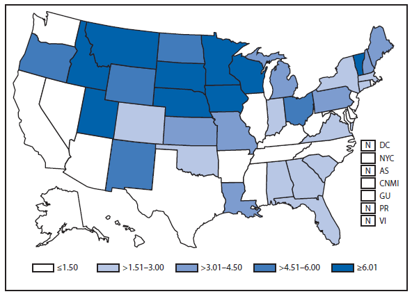 This figure is a map of the United States and U.S. territories that presents the incidence range per 100,000 population of cryptosporidiosis cases in each state and territory in 2012. 
