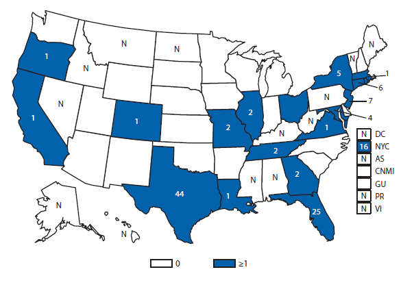 This figure is a map that provides the reported cases of Cyclosporiasis in the United States and in U.S. territories in 2012.