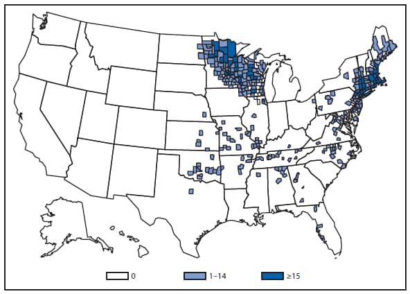 This figure is a map of the United States that presents the number of ehrlichiosis (anaplasma phagocytophilum) cases by county in 2012.