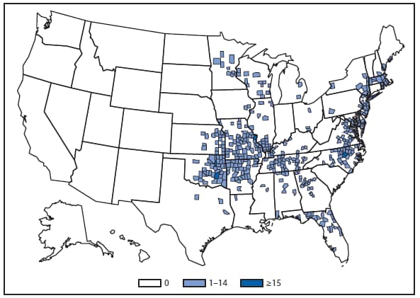 This figure is a map of the United States that presents the number of Ehrlichiosis (Ehrlichia chaffeensis) cases by county in 2012.