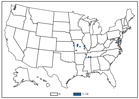 This figure is a map of the United States that presents the number of Ehrlichiosis (Ehrlichia ewingii) cases in by county in 2012.