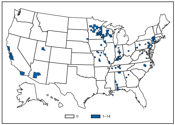 This figure is a map of the United States that presents the number of Ehrlichiosis (undetermined) cases by county in 2012.