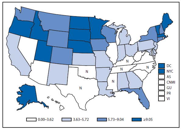 This figure is a map of the United States and U.S. territories that presents the incidence range per 100,000 population of giardiasis cases in each state and territory in 2012.