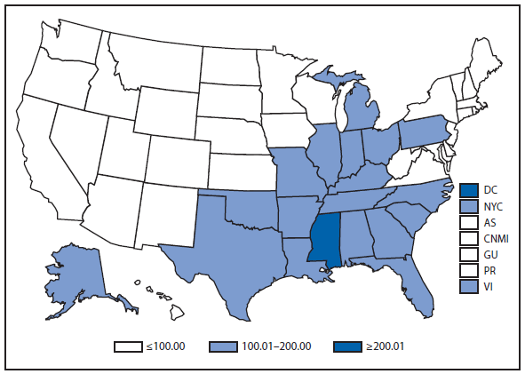 This figure is a map of the United States and U.S. territories that presents the incidence range per 100,000 population of gonorrhea cases in each state and territory in 2012.