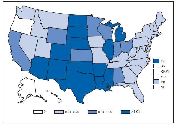 This figure is a map that presents the incidence of reported cases per 100,000 population of neuroinvasive disease in each state 2012.
