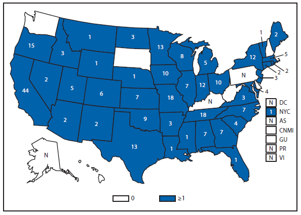 This figure is a map of the United States and U.S. territories that presents the number of hemolytic uremic, postdiarrheal cases in each state and territory in 2012.