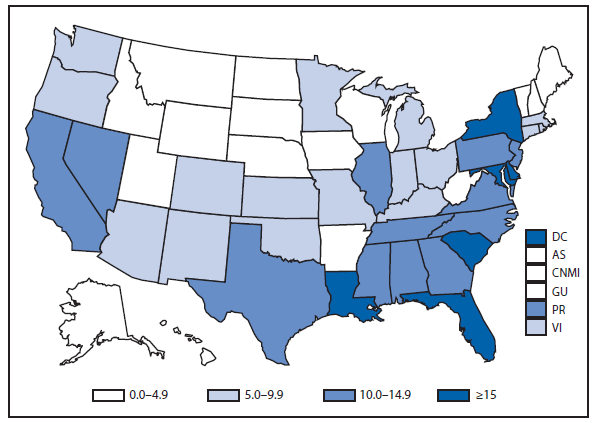This figure is a map of the United States and U.S. territories that presents the rates per 100,000 population of diagnosed HIV cases in each state and territory in 2012.
