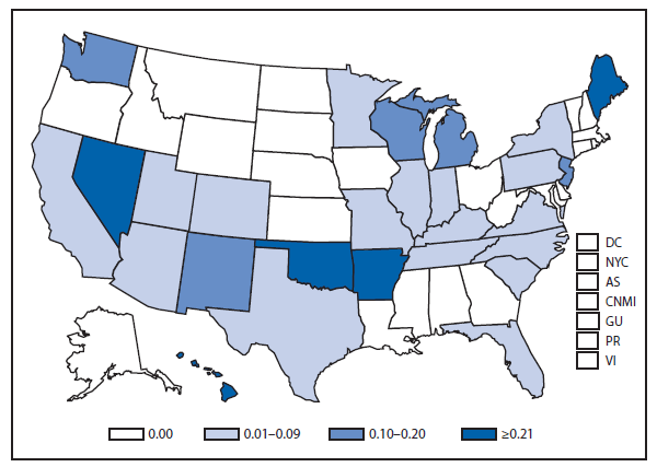 This figure is a map of the United States and U.S. territories that presents the incidence range per 100,000 population of influenza-associated pediatric deaths in each state and territory in 2012.