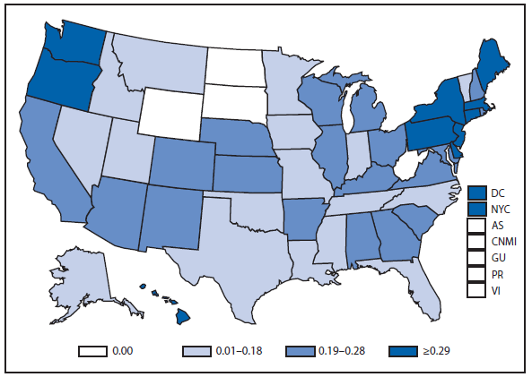 This figure is a map of the United States and U.S. territories that presents the incidence range per 100,000 population of listeriosis cases in each state and territory in 2012.