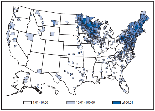 This figure is a map of the United States that presents the incidence per 100,000 population of lyme disease cases in each county in 2012.