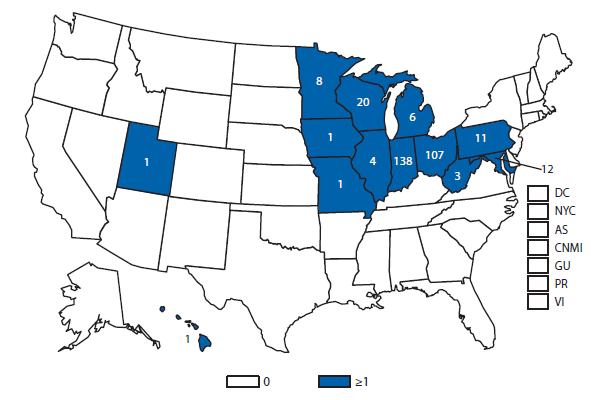 This figure is a U.S. map that presents the number of reported cases of novel influenza A virus in the United States and U.S. territories in 2012.