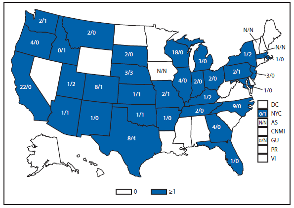 This figure is a map of the United States and U.S. territories that presents the number of acute and chronic Q fever cases in each state and territory in 2012.