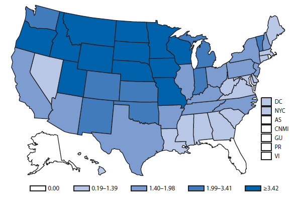 This figure is a map of the United States and U.S. territories that presents the incidence of Shiga-toxin producing Escherichia coli cases in each state and territory in 2012.