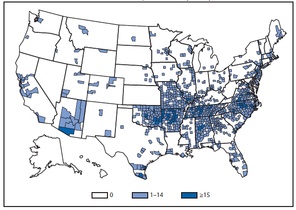 The figure is a map that presents the number of spotted fever rickettsiosis cases by county in the United States in 2012.