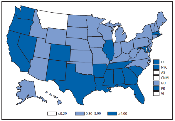 This figure is a map of the United States and U.S. territories that presents the incidence per 100,000 population of primary and secondary syphilis cases in each state and territory in 2012.