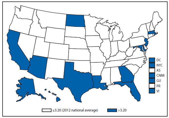 This figure is a map of the United States and U.S. territories that presents the incidence range per 100,000 population of tuberculosis cases in each state and territory in 2012.