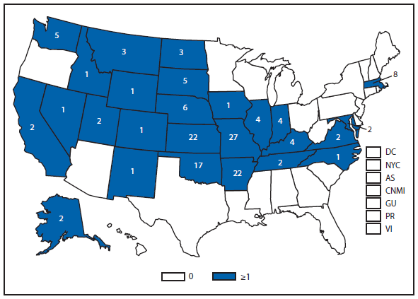This figure is a map of the United States and U.S. territories that presents the number of tularemia cases in each state and territory in 2011.