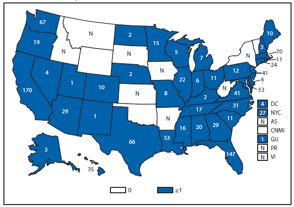 This figure is a map of the United States and U.S. territories that presents the number of cases of vibriosis in each state and territory in 2012.