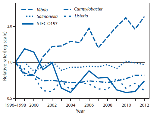The figure shows relative rates of laboratory-confirmed infections with Campylobacter, Shiga toxin-producing Escherichia coli (STEC) O157, Listeria, Salmonella, and Vibrio in the United States during 1996-2012, compared with 1996-1998 rates, by year. In comparison with 1996-1998, incidence of infection was significantly lower for Campylobacter, Listeria, Shigella, STEC O157, and Yersinia, whereas incidence of Vibrio infection was higher.