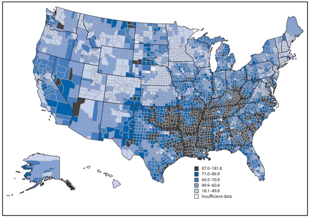 The figure shows rates of avoidable death from heart disease, stroke, and hypertensive disease, by county, in the United States during 2008-2010. By county, the highest avoidable death rates in 2010 were concentrated primarily in the southern Appalachian region and much of Tennessee, Arkansas, Mississippi, Louisiana, and Oklahoma, whereas the lowest rates were located in the West, Midwest, and Northeast census regions.