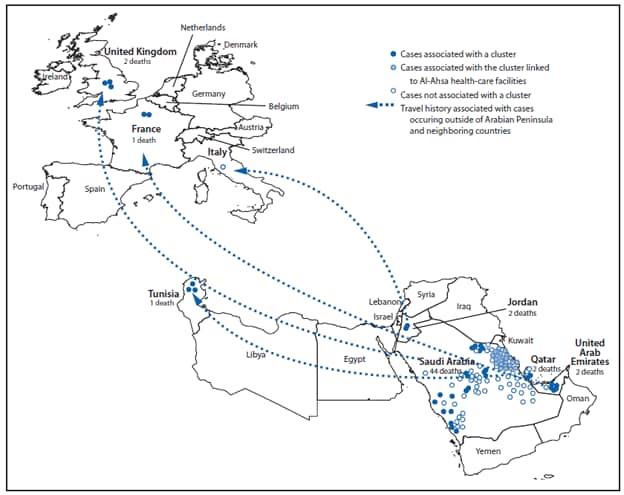 The figure shows confirmed cases of Middle East respiratory syndrome coronavirus infection (N = 130) reported to the World Health Organization as of September 20, 2013, and history of travel from in or near the Arabian Peninsula within 14 days of illness onset during 2012-2013. All cases have been directly or indirectly linked through travel to or residence in four countries: Saudi Arabia, Qatar, Jordan, and the United Arab Emirates.