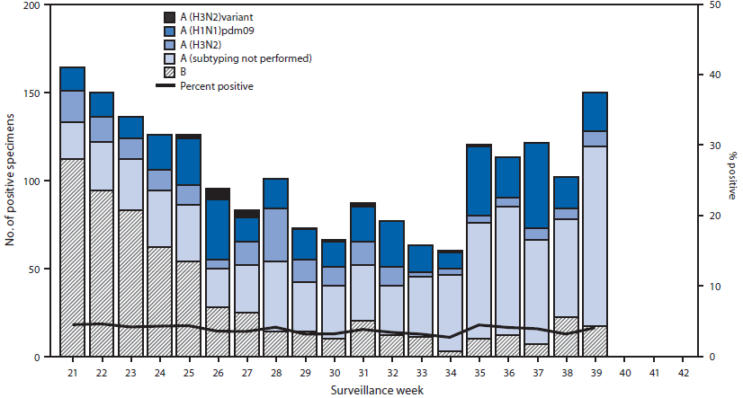 The figure above shows the number and percentage of respiratory specimens testing positive for influenza reported by World Health Organization (WHO) and National Respiratory and Enteric Virus Surveillance System (NREVSS) collaborating laboratories in the United States, by type, subtype, and week in the United States during May 19-September 28, 2013. During that period, WHO and NREVSS col¬laborating laboratories in the United States tested 52,150 respi¬ratory specimens for influenza; 2,013 (3.9%) tested positive for influenza.