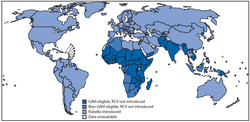 The figure above shows World Health Organization member states that have introduced rubella-containing vaccine (RCV) and member states potential to introduce RCV with GAVI support. During 2000-2012, of the 33 member states introducing RCV, one is in the African Region, four in the Region of the Americas, two in the Eastern Mediterranean Region, 13 in the European Region, three in the South-East Asia Region, and 10 in the Western Pacific Region. A wide-age-range campaign was part of the implementation for introduction in 23 member states. One member state in the past 10 years interrupted RCV use and plans to reintroduce RCV. Of the 62 member states that had not introduced RCV into their national immunization program by the end of 2012, 50 (81%) were eligible for GAVI Alliance support. Eligibility requirements include measles coverage >80% and a gross national income per capita ≤1,550 U.S. dollars.