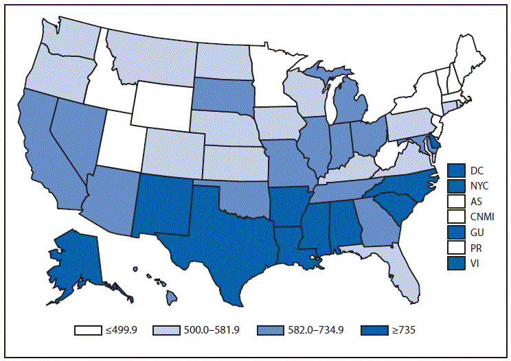 This figure is a map of the United States and U.S. territories that presents the incidence per 100,000 population of chlamydia among women in 2013.