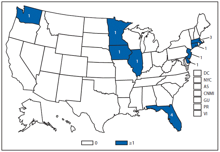 This figure is a map of the United States and U.S. territories that presents the number of cholera cases in each state and territory in 2013.