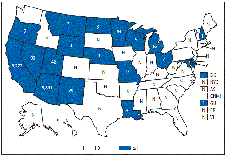 This figure is a map of the United States and U.S. territories that presents the number of reported cases in each state and territory in 2013.