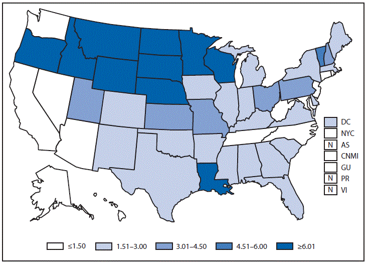 This figure is a map of the United States and U.S. territories that presents the incidence range per 100,000 population of cryptosporidiosis cases in each state and territory in 2013.