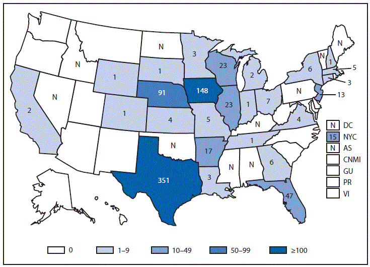 This figure is a map that provides the reported cases of Cyclosporiasis in the United States and in U.S. territories in 2013.