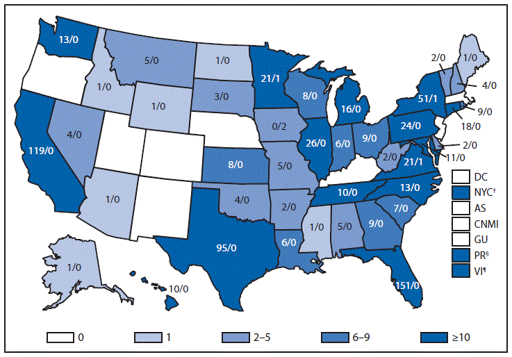 This figure is a map of the United States that presents the number of cases of dengue fever and dengue hemorrhagic fever in the United States and its territories in 2013.