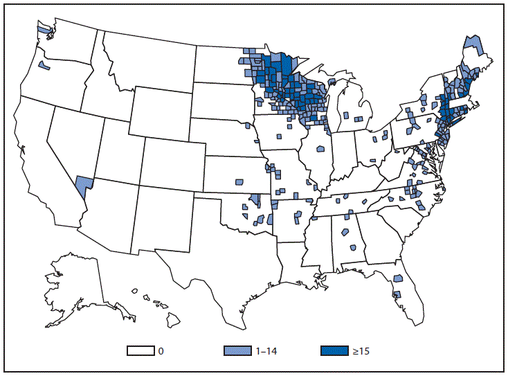 This figure is a map of the United States that presents the number of ehrlichiosis (anaplasma phagocytophilum) cases by county in 2013.