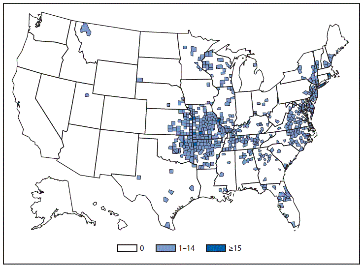 This figure is a map of the United States that presents the number of Ehrlichiosis (Ehrlichia chaffeensis) cases by county in 2013.