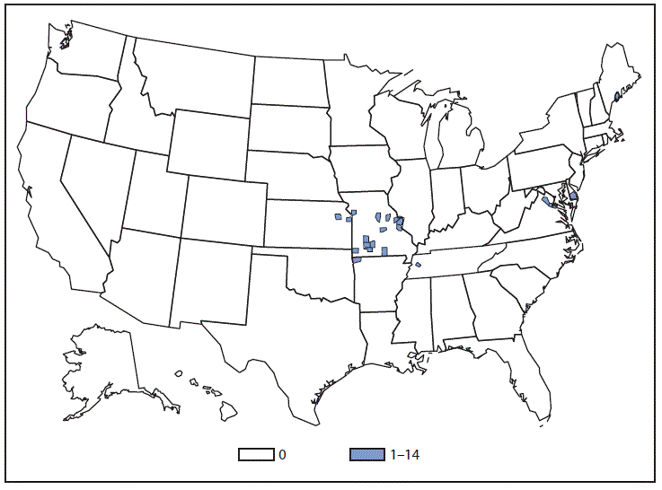 This figure is a map of the United States that presents the number of Ehrlichiosis (Ehrlichia ewingii) cases in by county in 2013.