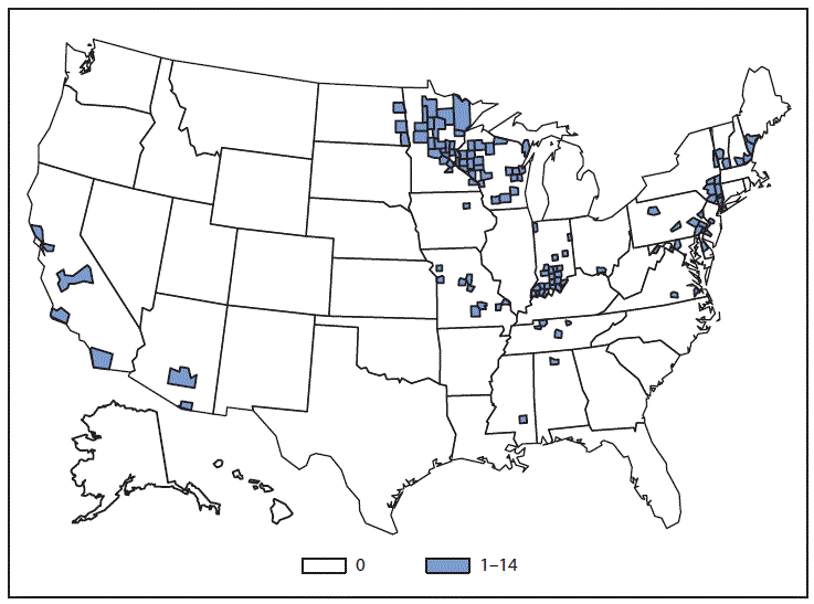 This figure is a map of the United States that presents the number of Ehrlichiosis (undetermined) cases by county in 2013.