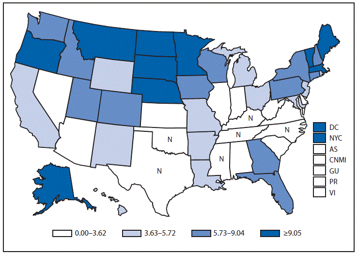 This figure is a map of the United States and U.S. territories that presents the incidence range per 100,000 population of giardiasis cases in each state and territory in 2013.