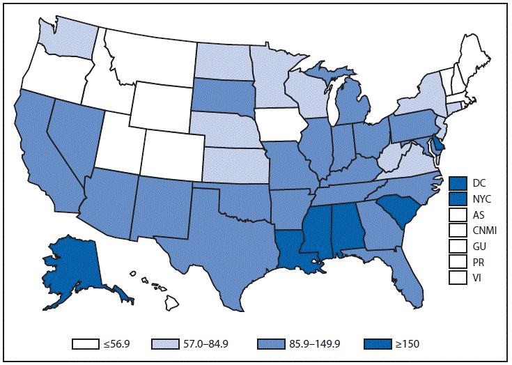 This figure is a map of the United States and U.S. territories that presents the incidence range per 100,000 population of gonorrhea cases in each state and territory in 2013.
