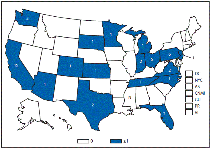 This figure is a map of the United States in which the number of reported cases of Hepatitis B is provided in each state U.S. territory.