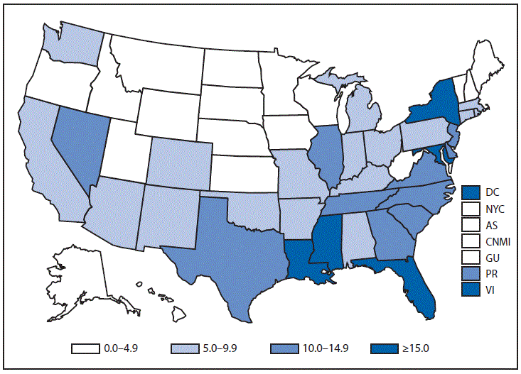 This figure is a map of the United States and U.S. territories that presents the rates per 100,000 population of diagnosed HIV cases in each state and territory in 2013.