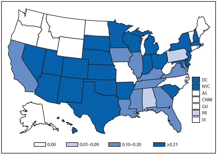 This figure is a map of the United States and U.S. territories that presents the incidence range per 100,000 population of influenza-associated pediatric deaths in each state and territory in 2013.